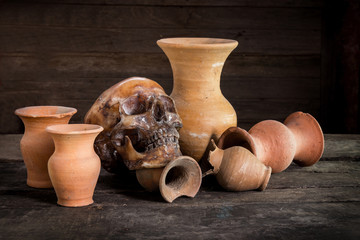 Still Life with a Skull and vase,earthenware