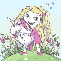  Girl and cartoon magic unicorn.