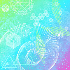 The science and mathematics abstract background with circles, cube, triangles and a lot of lines. Sacred geometry backdrop. The chemistry and astrology. Graphic elements for identity design.