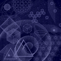 The science and mathematics abstract background with circles, cube, triangles and a lot of lines. Sacred geometry backdrop. The chemistry and astrology. Graphic elements for identity design.