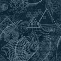 Seamless wallpaper pattern. The science and mathematics abstract background with circles, cube, triangles and a lot of lines. Sacred geometry backdrop. The chemistry and astrology. 