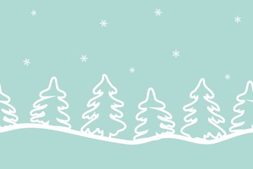 White fir trees under the snowfall. Seamless sample of a border. Vector illustration. It can be used for Christmas and New Year decoration, as a background for the websites, packing, fabrics