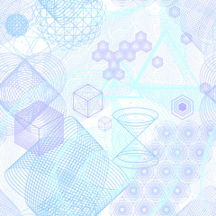 The science and mathematics abstract background with circles, cube, triangles and a lot of lines. Sacred geometry backdrop. The chemistry and astrology. Graphic elements for identity design.