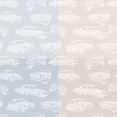 Isolated abstract white color retro cars on the blue and pink background pattern. Automobiles backdrop. Kids wallpaper. Vector illustration.