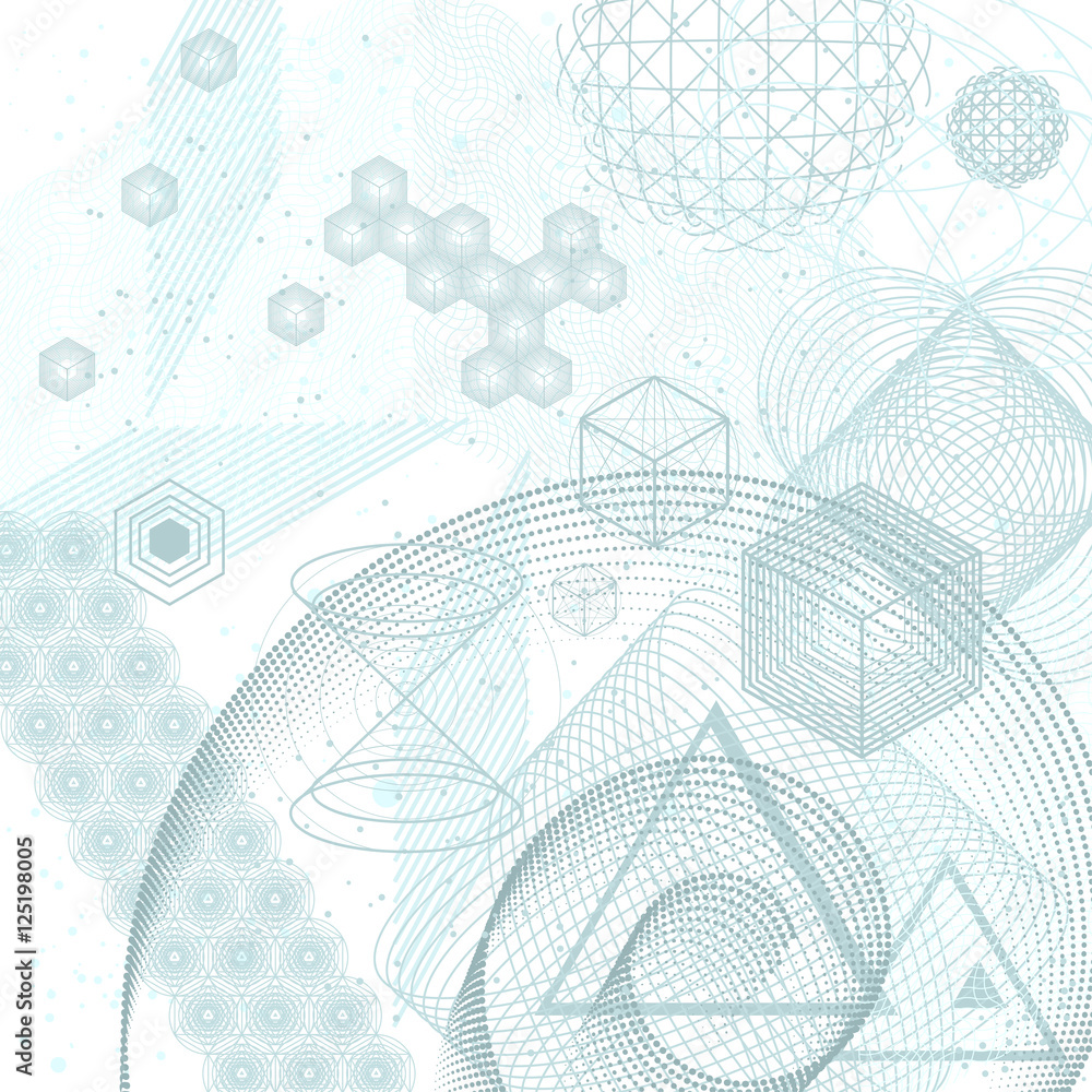 Wall mural the science and mathematics abstract background with circles, cube, triangles and a lot of lines. sa