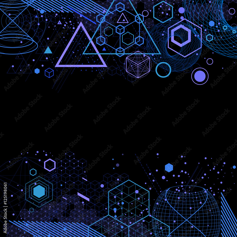 Wall mural the science and mathematics abstract background with circles, cube, triangles and a lot of lines. sa