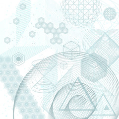 The science and mathematics abstract background with circles, cube, triangles and a lot of lines. Sacred geometry backdrop. The chemistry and astrology. Graphic elements for identity design.