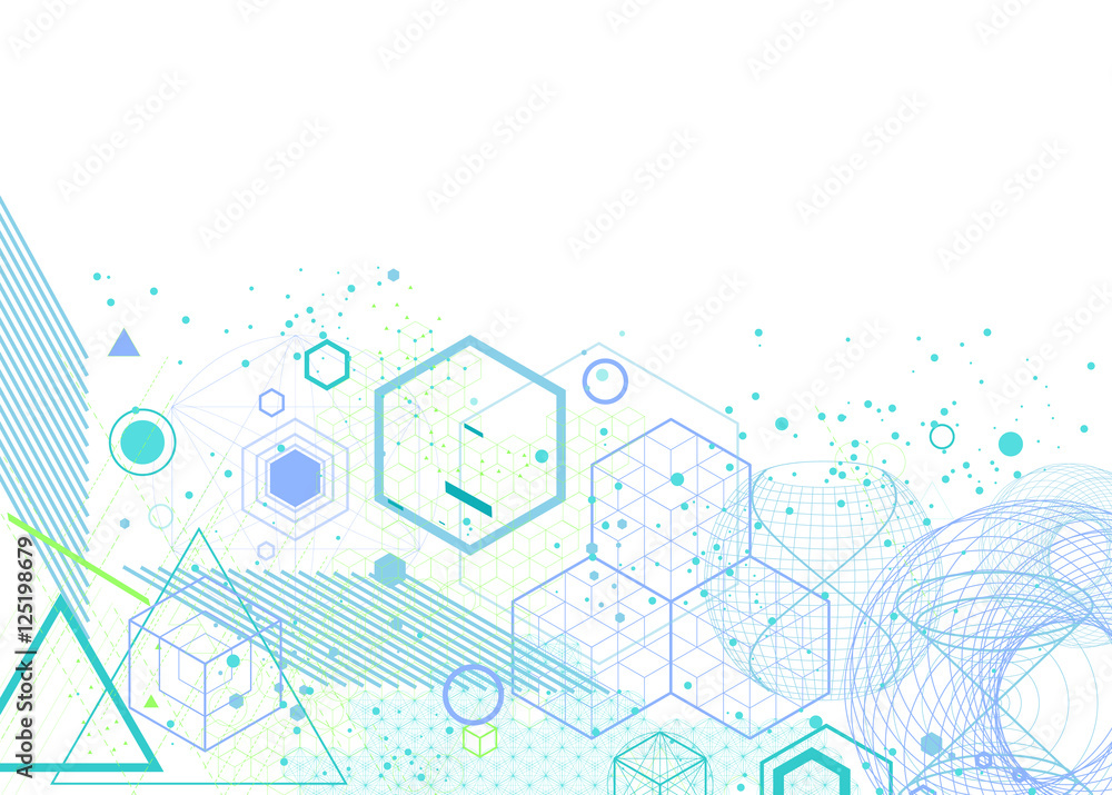 Wall mural the science and mathematics abstract background with circles, cube, triangles and a lot of lines. sa