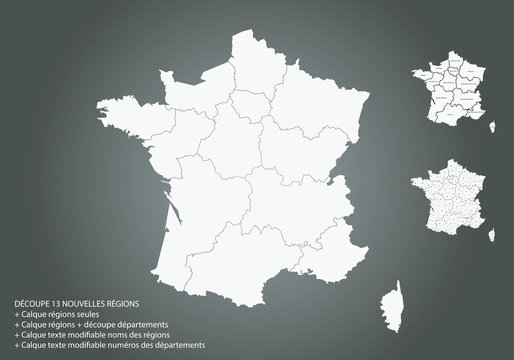 13 nouvelles régions Françaises, texte modifiable des noms de régions,  découpe et numéros départements, 
