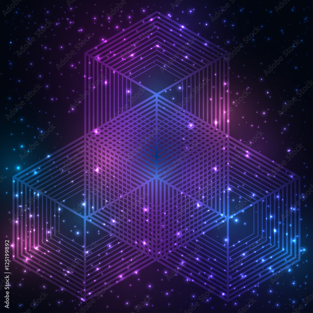 Wall mural the science and mathematics abstract background with circles, cube, triangles and a lot of lines. sa
