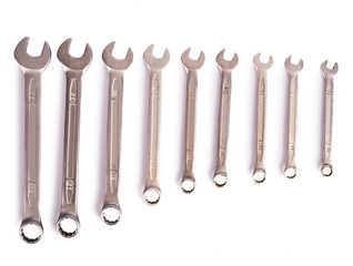 Set of wrenches. On white, isolated background.Top view. Flat lay.