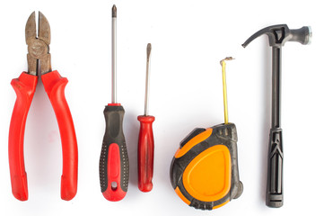 A set of tools for building. On white, isolated background.Top view. Flat lay.