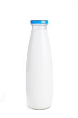 Milk bottle with blue lid. On white, isolated background.