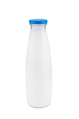 Milk bottle with blue lid. On white, isolated background.