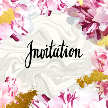 Trendy marble and peony vector invitation template. Watercolor paint textured petals background. Natural stone, fresh flower burgundy "marsala" vinous velvet textures.