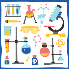 Chemistry laboratory equipment hand drawn vector objects