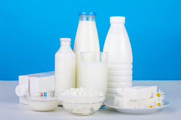 Dairy products. On a blue background.