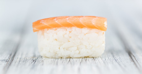 Portion of Sushi on a wooden table