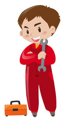 Repairman in red suit with tools