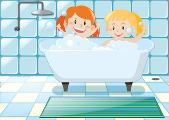 Two girls taking bubble bath