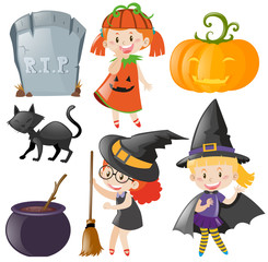Halloween set with kids in costumes