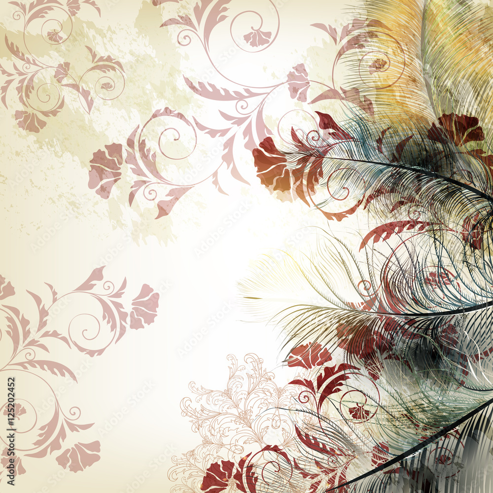 Poster Background with bird feathers in realistic style