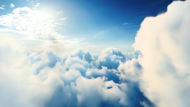 Flying over the timelapse clouds with the afternoon sun. Seamlessly looped animation. Flight through moving cloudscape with beautiful lens flare. Perfect for cinema, background, digital composition
