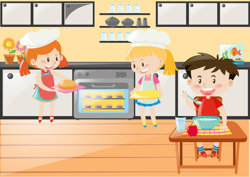 Kitchen scene with girls baking and boy eating