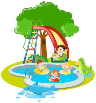 Children swimming and playing slide in pool