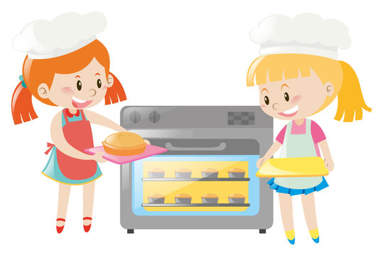 Two girls baking pie in oven