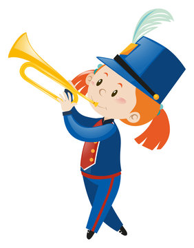 Girl in blue uniform playing trumpet