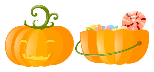 Jack-o-lantern and pumpkin bucket full of candy