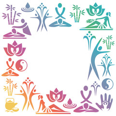 Spa Massage colorful Decorative Frame.
Rainbow-colored decorative frame with  icons of massage and spa. Vector available
