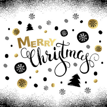 Merry Christmas greeting card with calligraphy. Handwritten modern brush lettering. Hand drawn design elements.