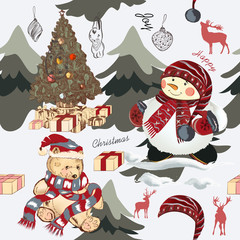 Christmas pattern with trees, plush bear and snowmen. Hand drawn