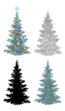 Set of Christmas Trees, with Holiday Decorations, Gold Stars and Colorful Balls, Green Naturalistic and Black Outlines Contours and Silhouette Isolated On White Eps10, Contains Transparencies. Vector