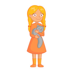 Cute blond girl in orange dress with braids holding grey cat