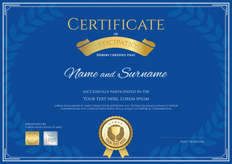 Certificate of participation template in blue theme with award l