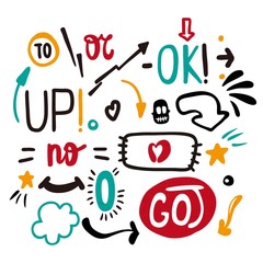 Bright multi-colored vector set hand-drawn vector symbols, arrows, pointers. 