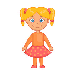 Cute little blond girl with tails in red skirt