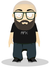 A nerd guy, the shirt "AFK" means Away From Keyboard for videogame players.