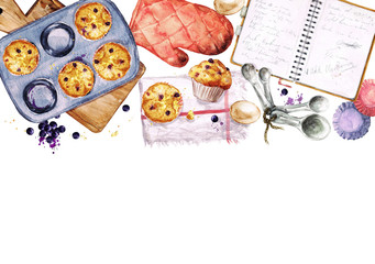  Baking Blueberry Muffins. Watercolor Illustration with blank space for text. 