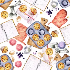 Foto op Canvas  Baking Muffins. Watercolor seamless pattern.  © nataliahubbert