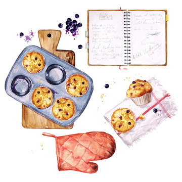  Baking Blueberry Muffins. Watercolor Illustration.