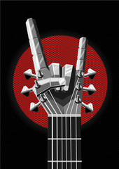 Naklejka premium Rock poster with a metal hand and guitar. Music illustration