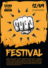Music poster template for rock concert. Hand with tattoo.