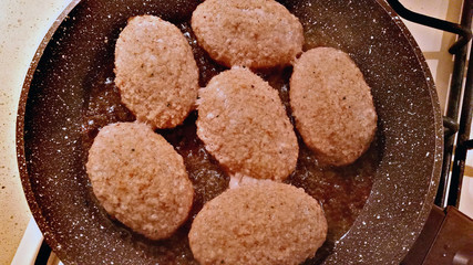 Fresh fried cutlets with oil in a frying pan
