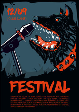 Music poster template for rock concert. Dog with microphone.