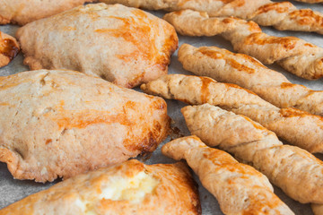 Homemade salty snacks - close up image.