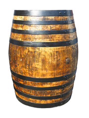Old brown wooden barrel with iron rings isolated on white backgr